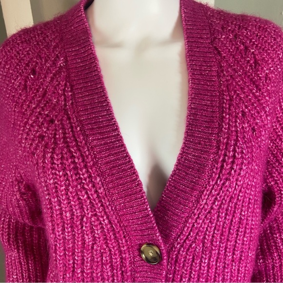 LOFT Fuchsia Pointelle Button-Up Sweater Cardigan Large Fuzzy - Picture 3 of 12